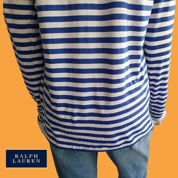 RALPH LAUREN Blue Label Striped Lime Pony V-Neck Long-Sleeve T-Shirt L - Picture 10 of 12